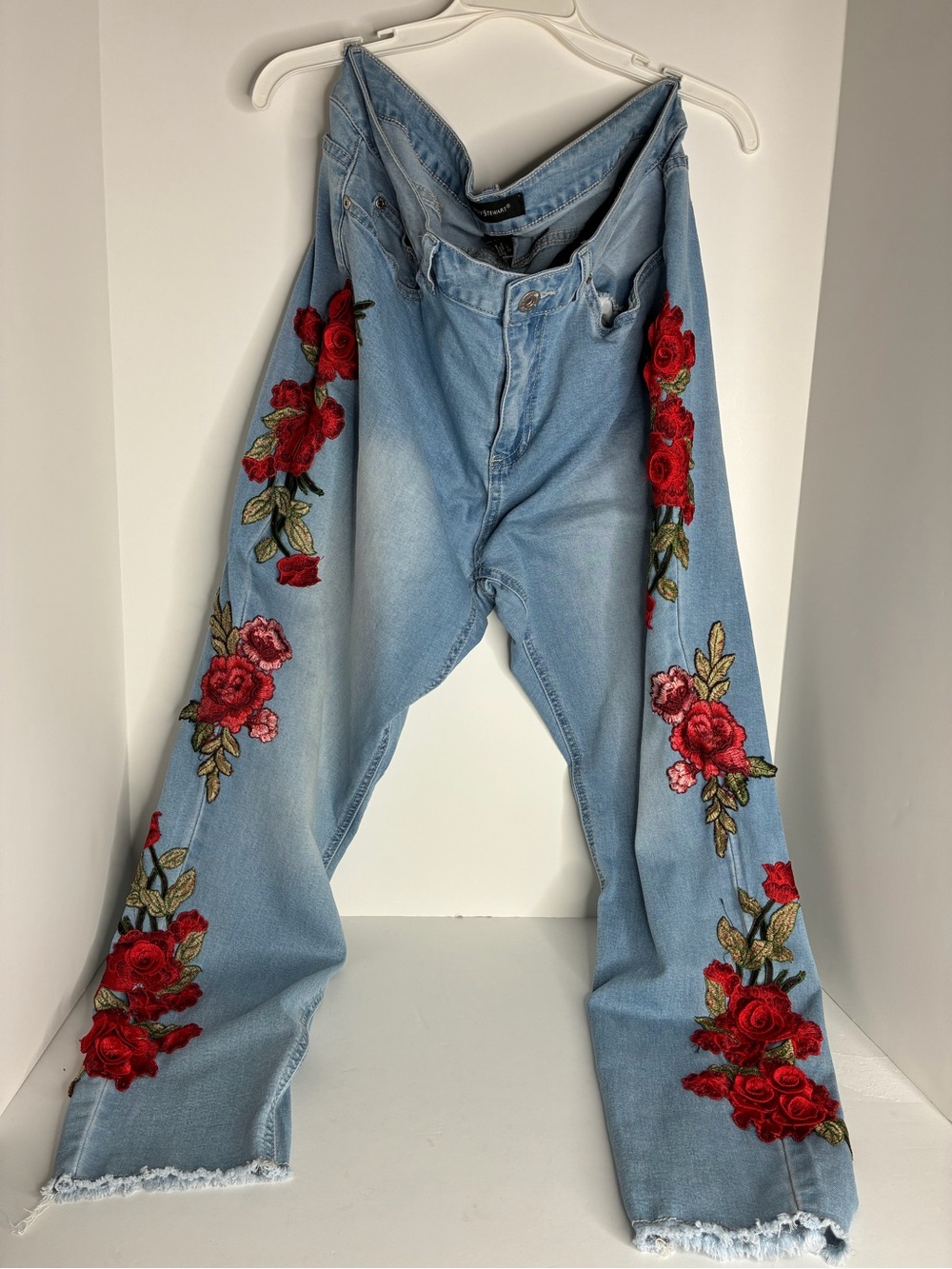 Ashley Stewart Light Blue Straight-Leg Jeans with Red Rose Embroidery